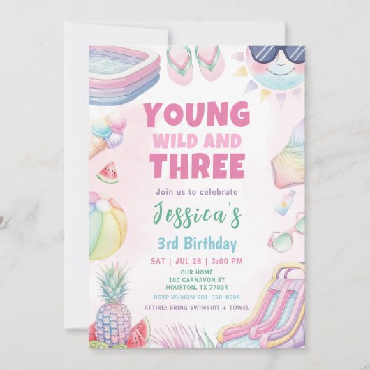 Young Wild and Three - Summer Girl Birthday Party Einladung (Vorderseite)