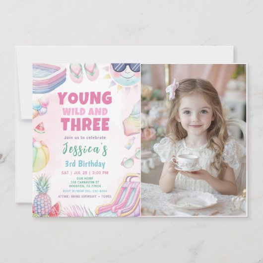 Young Wild And Three - Summer Girl Birthday Photo Einladung (Vorderseite)