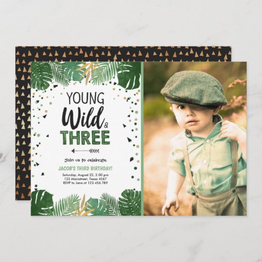 Young Wild and Three Tropical Safari Boy zum Gebur Einladung (Vorne/Hinten)