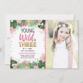 Young Wild and Three Tropical Safari Girl Birthday Einladung (Vorderseite)