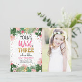 Young Wild and Three Tropical Safari Girl Birthday Einladung (Stehend Vorderseite)