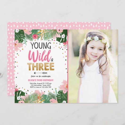 Young Wild and Three Tropical Safari Girl Birthday Einladung (Vorne/Hinten)
