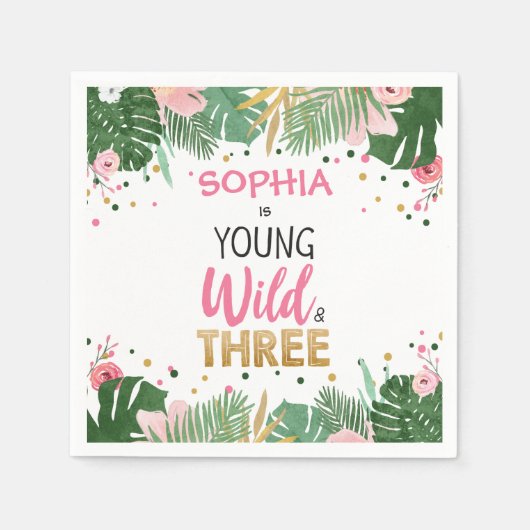 Young Wild and Three Tropical Safari Girl Birthday Serviette (Vorderseite)