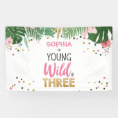 Young Wild and Three Tropical Safari Pink Girl Banner (Horizontal)