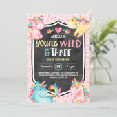 Young Wild and Three Unicorn Birthday Party Einladung (Stehend Vorderseite)