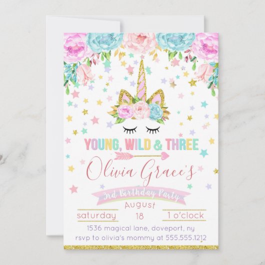 Young Wild and Three Unicorn - Einladung zum Gebur (Vorderseite)