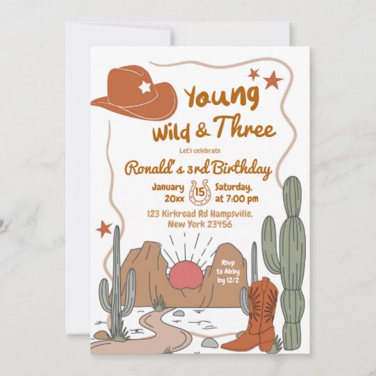 Young Wild and Three Wüste Cowboy Birthday Einladung (Vorderseite)