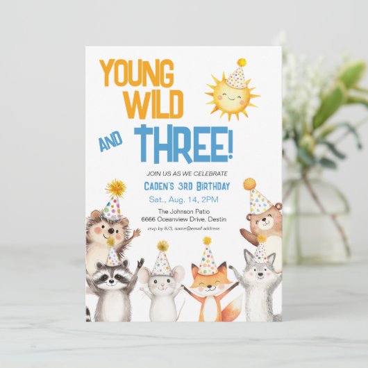 Young Wild Forest Animals Party Hats 3rd Birthday Einladung (Stehend Vorderseite)