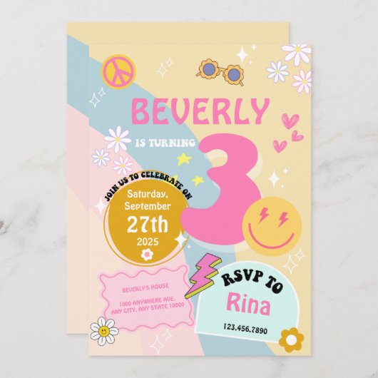 Young, Wild & Three Birthday Invite - Groovy Theme Einladung (Vorne/Hinten)