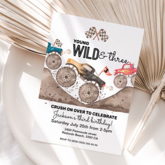 Young Wild Three Birthday Kid Monster Truck laden  Einladung