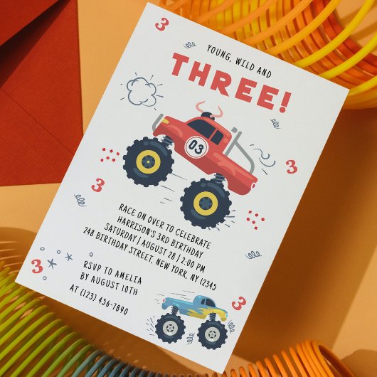 Young Wild Three Birthday Kids Monster Pkw Einladung