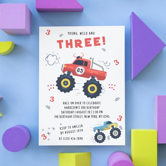 Young Wild Three Birthday Kids Monster Pkw Einladung