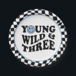 Young Wild & Three | Blue Happy Smile 3rd Birthday Pappteller<br><div class="desc">Young wild and three blue happy smile boy 3rd birthday paper plate.</div>