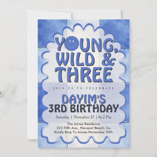 Young Wild & Three Blue Retro Boy 3rd Birthday  Einladung (Vorderseite)