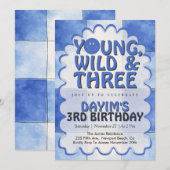 Young Wild & Three Blue Retro Boy 3rd Birthday  Einladung (Vorne/Hinten)