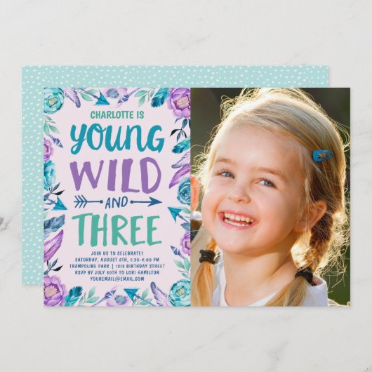 Young Wild & Three Boho Birthday Party Foto Einladung (Vorne/Hinten)