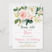 Young Wild & Three Boho Floral Pink Gold Geburtsta Einladung (Vorderseite)