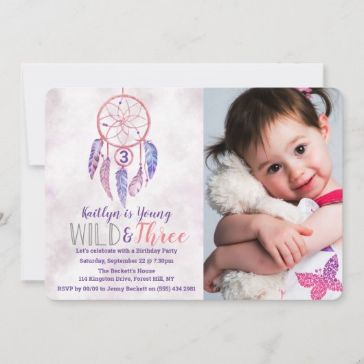 Young, Wild & Three Boho Foto Einladung zum Geburt (Vorderseite)