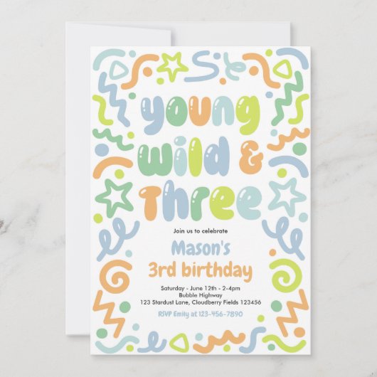 Young Wild & Three Confetti Balloon 3rd Birthday  Einladung (Vorderseite)