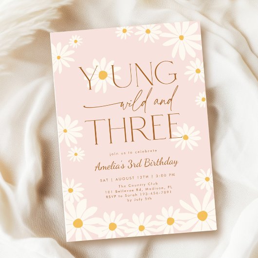 Young Wild Three Daisy Floral 3rd Birthday Einladung