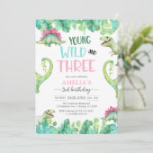 Young WIld & Three Dinosaur 3. Geburtstag Einladung (Stehend Vorderseite)