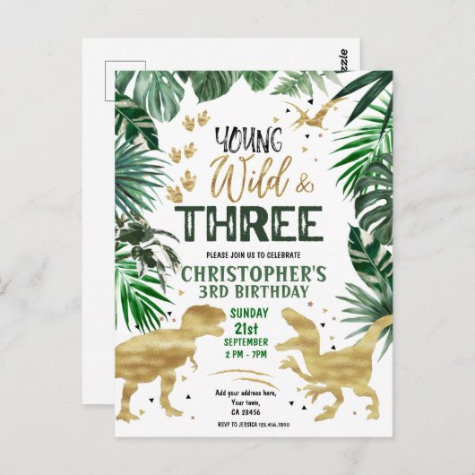 Young Wild & Three Dinosaur Geburtstag Postkarte (Vorne/Hinten)