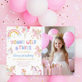 Young Wild & Three Einhorn 3. Geburtstagsfoto Einladung