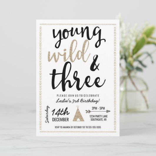 Young Wild & Three Einladung - Black & Gold (Stehend Vorderseite)