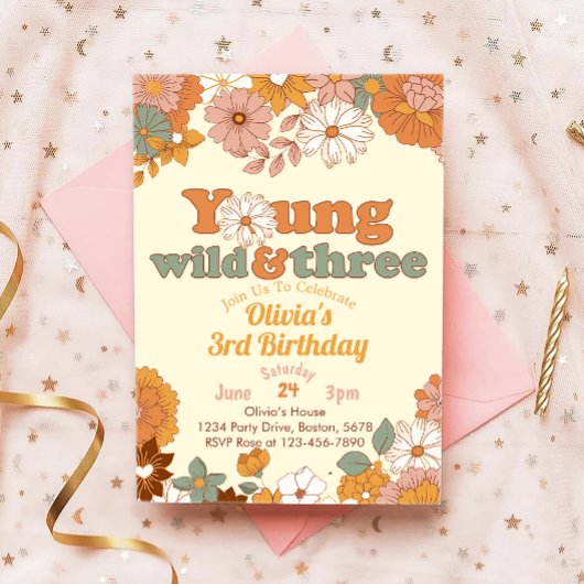 Young Wild Three Floral 3. Geburtstag Einladung