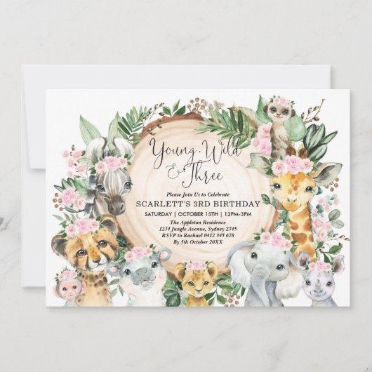 Young Wild & Three Floral Girl Jungle 3. Geburtsta Einladung (Vorderseite)