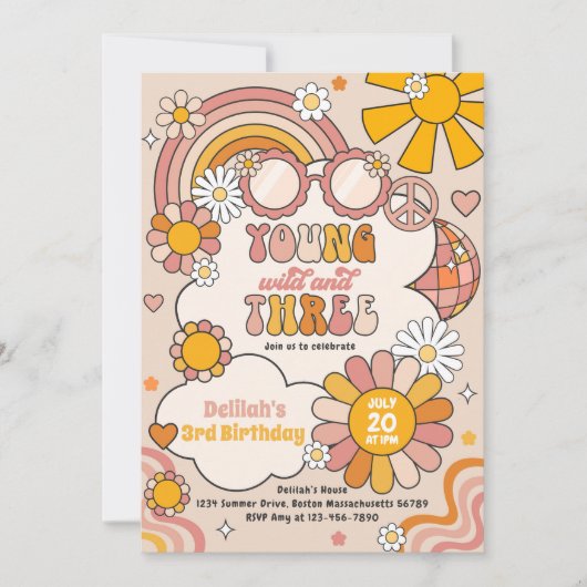 Young Wild & Three Flower Power Rainbow Birthday Einladung (Vorderseite)