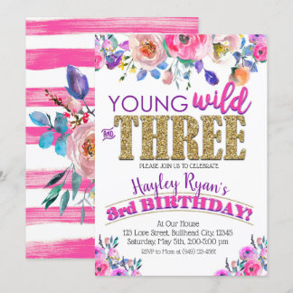 Young Wild & Three Girls Boho Floral 3. Geburtstag Einladung