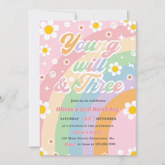Young Wild Three Groovy Daisy Rainbow 3. Geburtsta Einladung (Vorderseite)