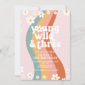 Young Wild Three Groovy daisy Regenbogen 3. Geburt Einladung (Vorderseite)