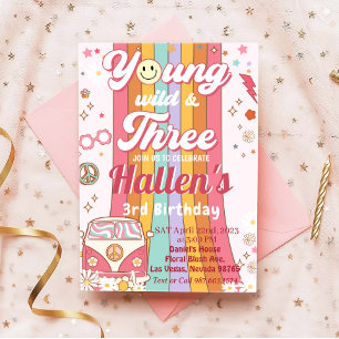 Young Wild & Three Groovy Rainbow 3. Geburtstag Einladung