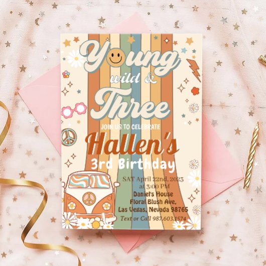 Young Wild & Three Groovy Rainbow 3. Geburtstag Einladung