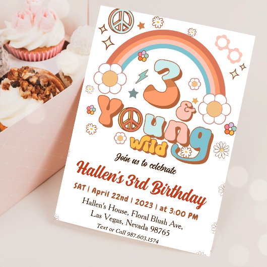 Young Wild & Three Groovy Rainbow 3. Geburtstag Einladung