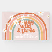 Young Wild Three Groovy Rainbow Daisy Birthday Banner (Horizontal)