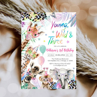 Young Wild & Three Jungle Safari 3rd Birthday Einladung