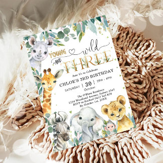 Young Wild & Three Party Animals Boy 3rd Birthday Einladung