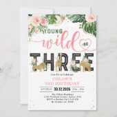 Young Wild & Three Party Animals Girl 3rd Birthday Einladung (Vorderseite)