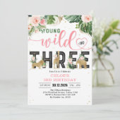 Young Wild & Three Party Animals Girl 3rd Birthday Einladung (Stehend Vorderseite)