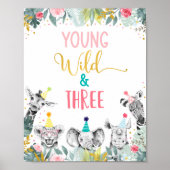 Young Wild & Three Pink Party Animal Birthday Sign Poster (Vorne)