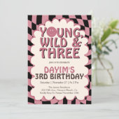 Young Wild & Three Pink Retro Girl 3rd Birthday Einladung (Stehend Vorderseite)