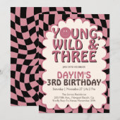 Young Wild & Three Pink Retro Girl 3rd Birthday Einladung (Vorne/Hinten)