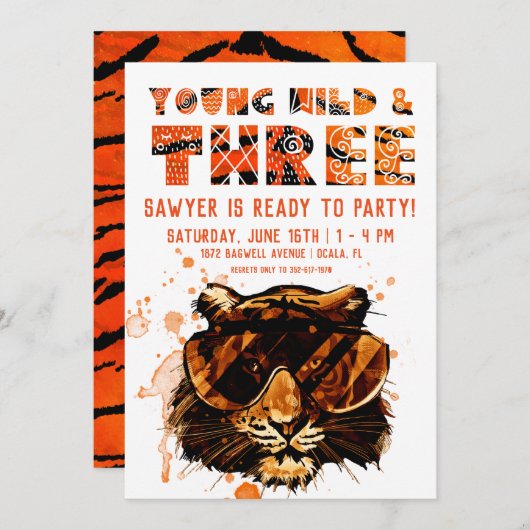 Young, Wild & Three | Punk Tiger Einladung (Vorne/Hinten)