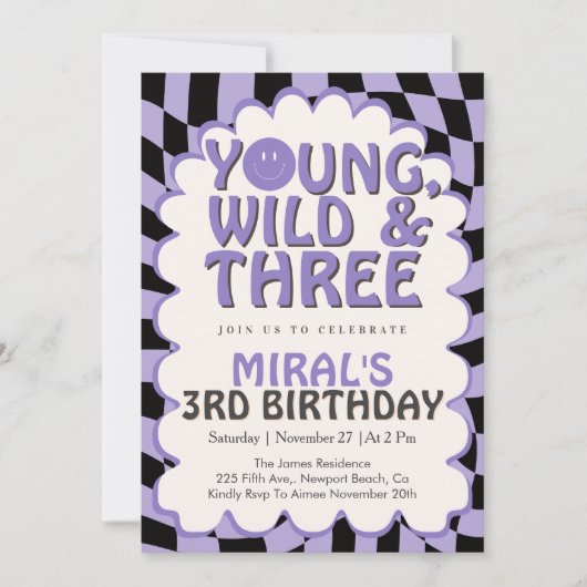 Young Wild & Three Purple Retro Girl 3rd Birthday Einladung (Vorderseite)