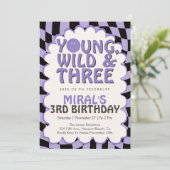 Young Wild & Three Purple Retro Girl 3rd Birthday Einladung (Stehend Vorderseite)