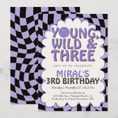 Young Wild & Three Purple Retro Girl 3rd Birthday Einladung (Vorne/Hinten)