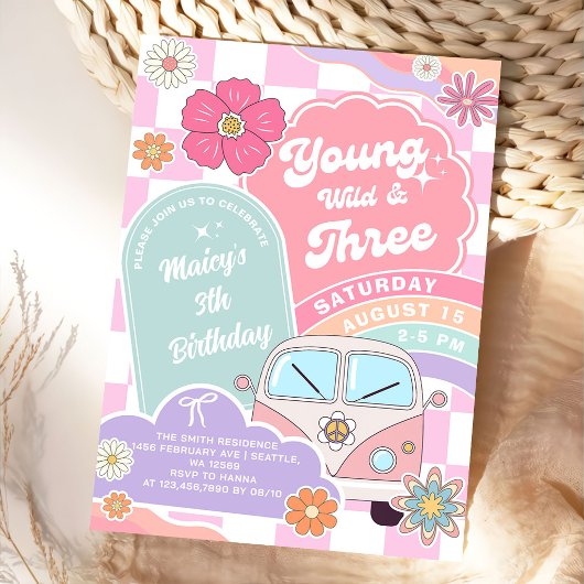 Young wild & Three Rainbow Car Daisy Birthday Einladung